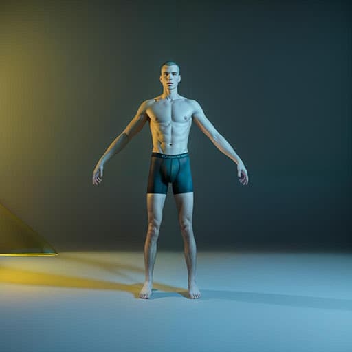 Aphrite Pose Studio Generated Image of a nude man taking a default pose in blue and yellow studio lighting