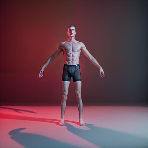 Aphrite Pose Studio Generated Image of a nude man taking a default pose in red studio lighting